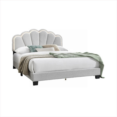 Queen Size Platform Bed for Bedroom, White-Toned Wool Upholstered Floral Headboard With Built-In LED Lighting