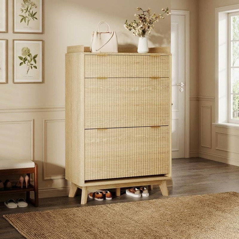 Armoire à chaussures 48 "étroite cannelée - Noyer noir avec 2 tiroirs rabattables, Bois naturel