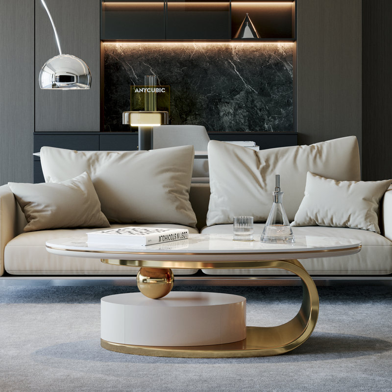  Table basse ovale simple en faux marbre 51,18 po Milisav avec base en acier inoxydable, 1 tiroir, entièrement assemblée