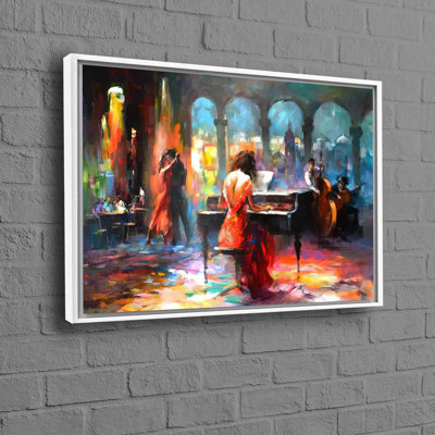 Toile romantique romantique illustrant un couple et un piano, idéale pour rehausser les intérieurs de bureau et de salon