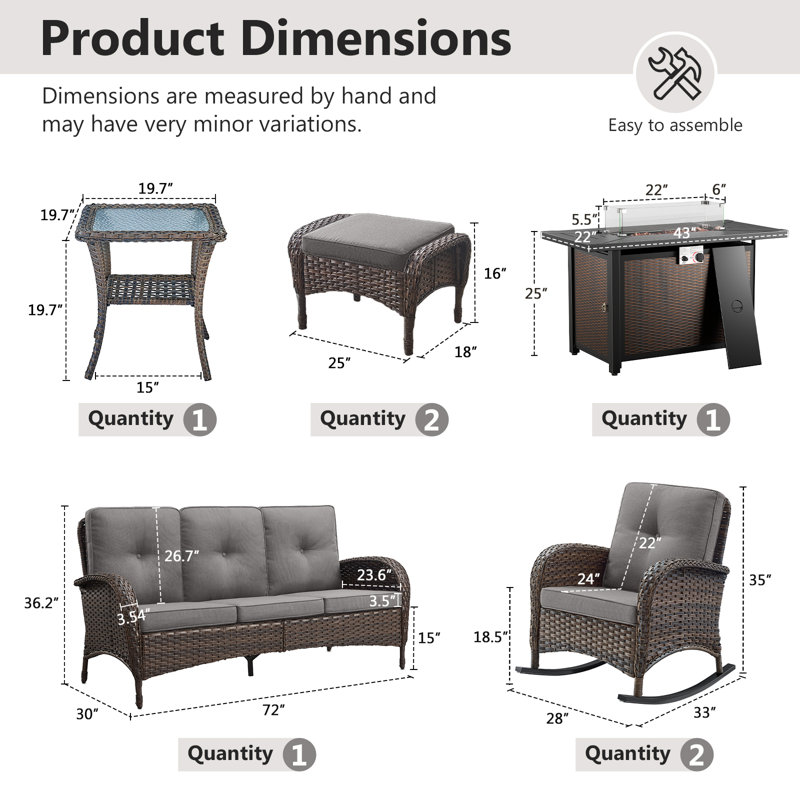 Aluel 7-Pieces Outdoor PE Wicker Patio Seating Group with Fire Pit, Ottomans and Cushions, Gray