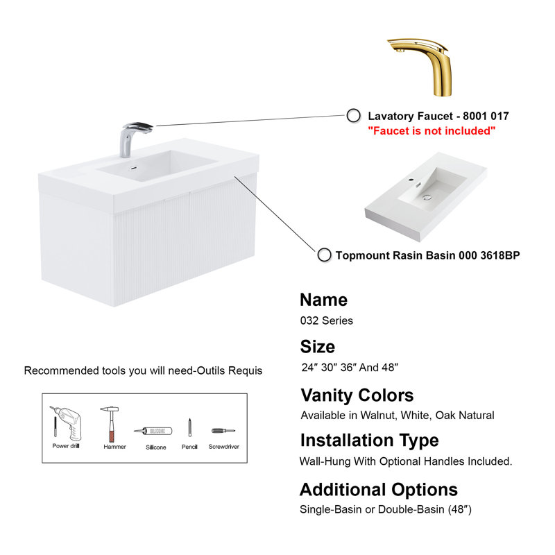 36" Single Vanity Set, Base, Resin Top, White