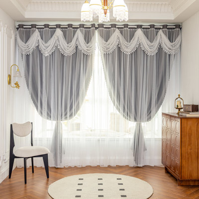 European-style light luxury romantic water ripple curtain head lace gauze integrated double-layer blackout curtains for bedroom, living room, and balcony