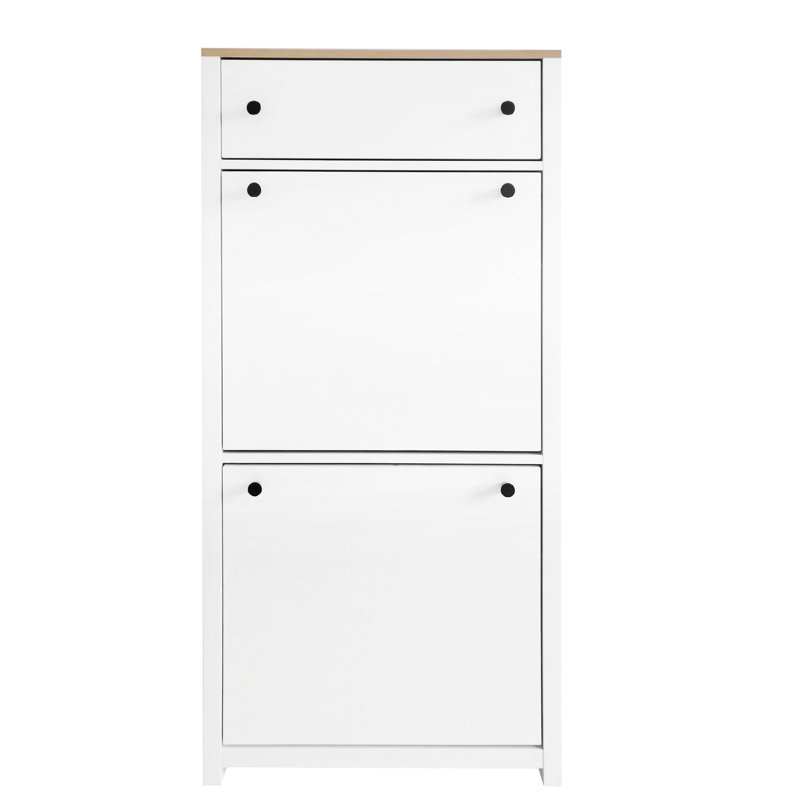 Organisateur de vestibule fonctionnel avec 2 tiroirs rabattables, armoire à chaussures à motif grain de bois avec tiroir, étagère à chaussures autoportante avec panneau réglable pour le couloir