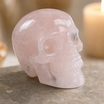 Sculpture en cristal de quartz naturel rose, crâne de pierre précieuse sculpté à la main de 2 pouces, décor de cristal de guérison pour la maison, la méditation et les collectionneurs