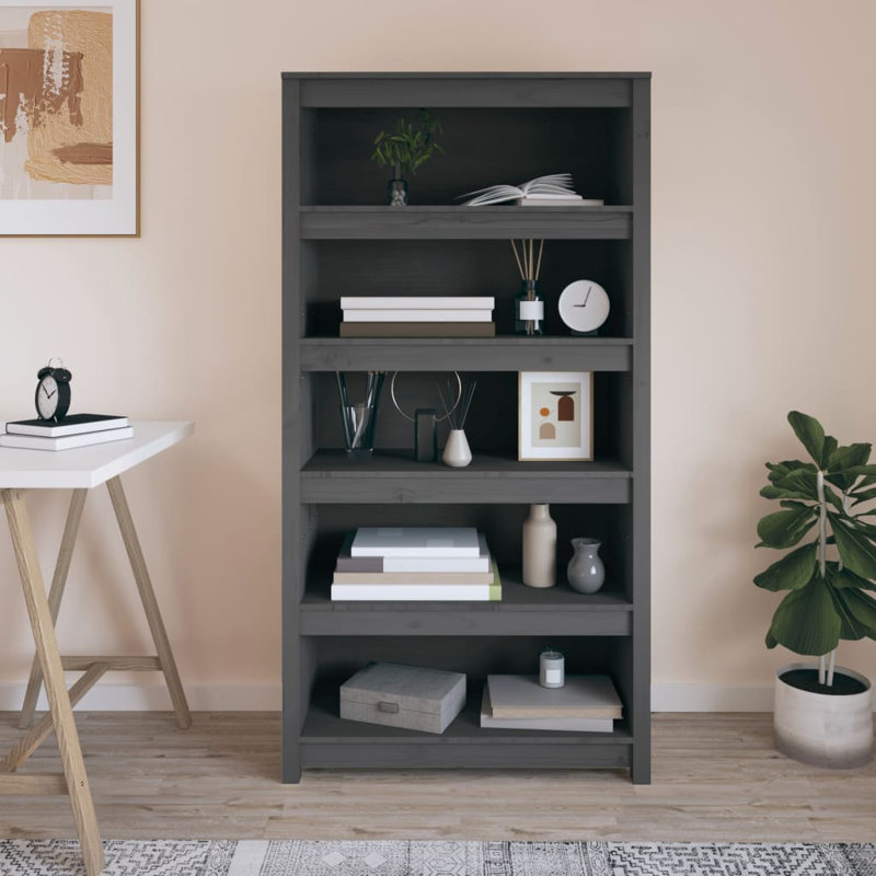 Shinn 154cm H Solid Wood Standard Bookcase, 154cm H x 80cm W x 35cm D, Grey
