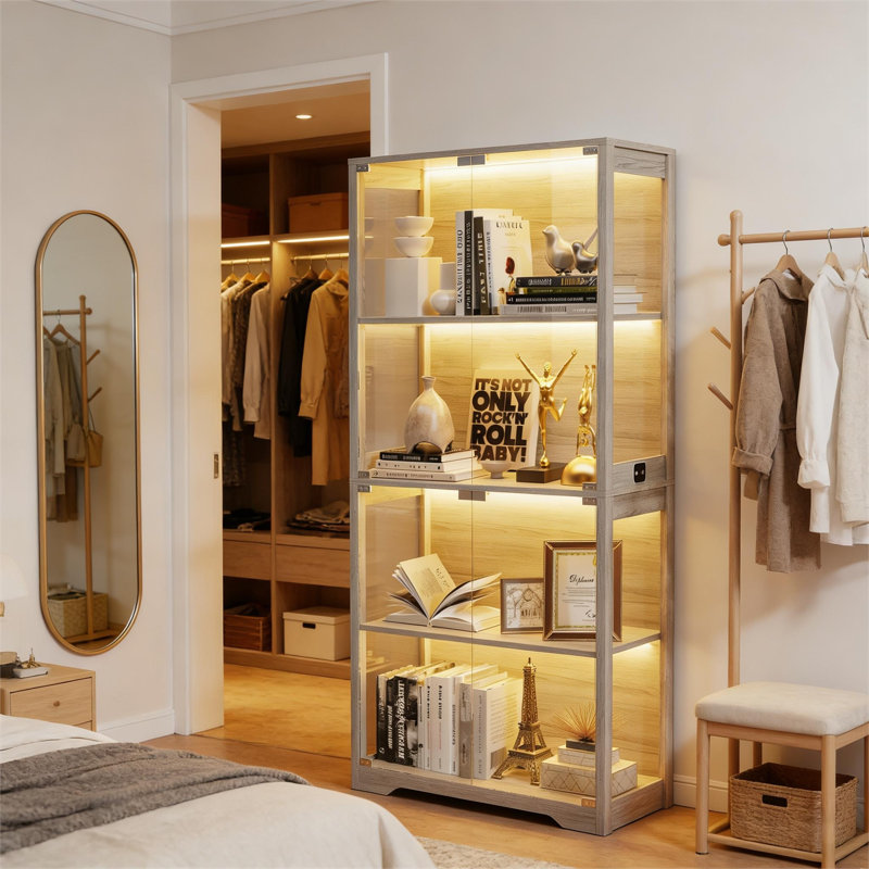  Vitrine avec portes en verre, vitrine à 4 niveaux, vitrine avec 3 lumières colorées pour objets de collection, armoires de rangement avec capteur de corps humain