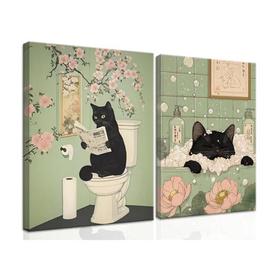 Framed Japanese Bathroom Wall Art Set Of 2,Cute Black Cat Bathing In Tub & Reading On Toilet Poster, Funny Animal Canvas Prints, Whimsical Vintage Wall Decor For Bathroom Bedroom Toilet 12X16in