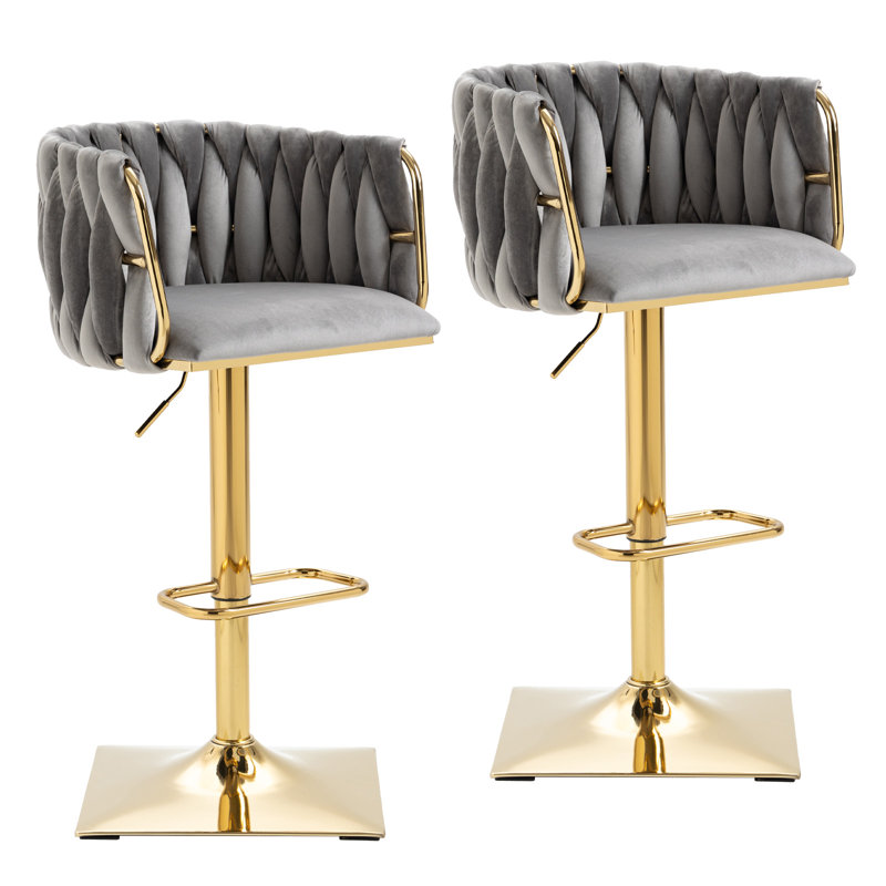 Swivel Adjustable Height Bar Stool with Golden Base, Gray Velvet