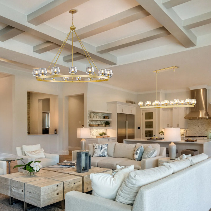 59" Dimmable Round Glass Shade Chandelier, Gold