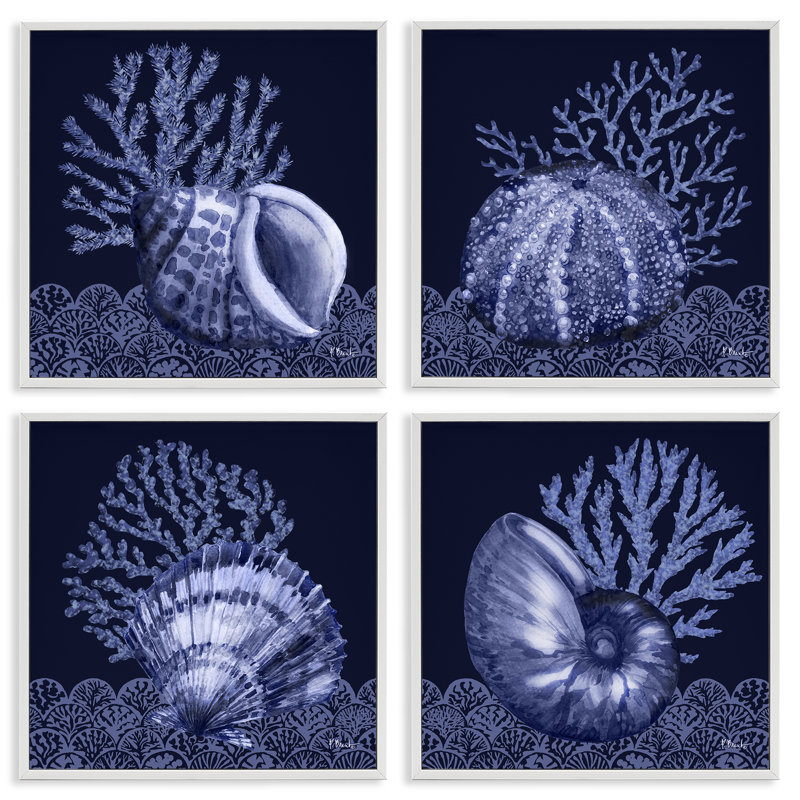  Indigo nautique, coquillages, ensemble de 4 giclées par Paul Brent, H 12 po x l 12 po