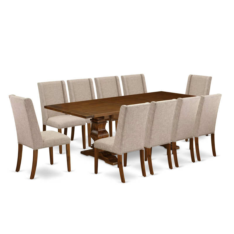 11 Piece Dinette Set Includes a Rectangle Dining Room Table with Removable Leaf and 10 Light Tan Linen Fabric Upholstered Chairs, Antique Walnut