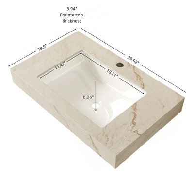 Comptoir en pierre frittée gris clair 30 po MURI et lavabo encastré en céramique avec un trou de robinet pré-percé standard, sans armoire, sans robinet ni couvercle d'évier