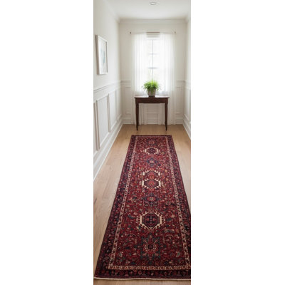 Tapis de couloir oriental vintage rouge à motif géométrique 4 x 11