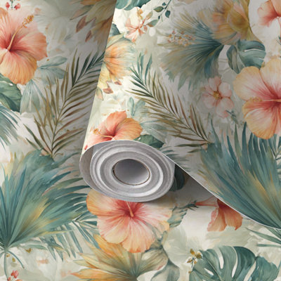 Papier peint auto-adhésif à peler et à coller, feuillage de palmier, corail, imprimé botanique, imprimé auto-adhésif et amovible 24 po x 118 po (60 x 300 cm)