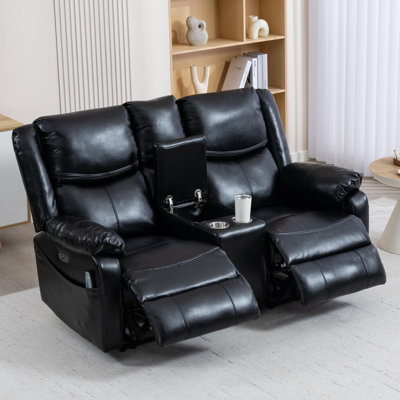 Causeuse inclinable électrique en cuir synthétique 67 po avec chaleur et massage, console de rangement et ports Type-C