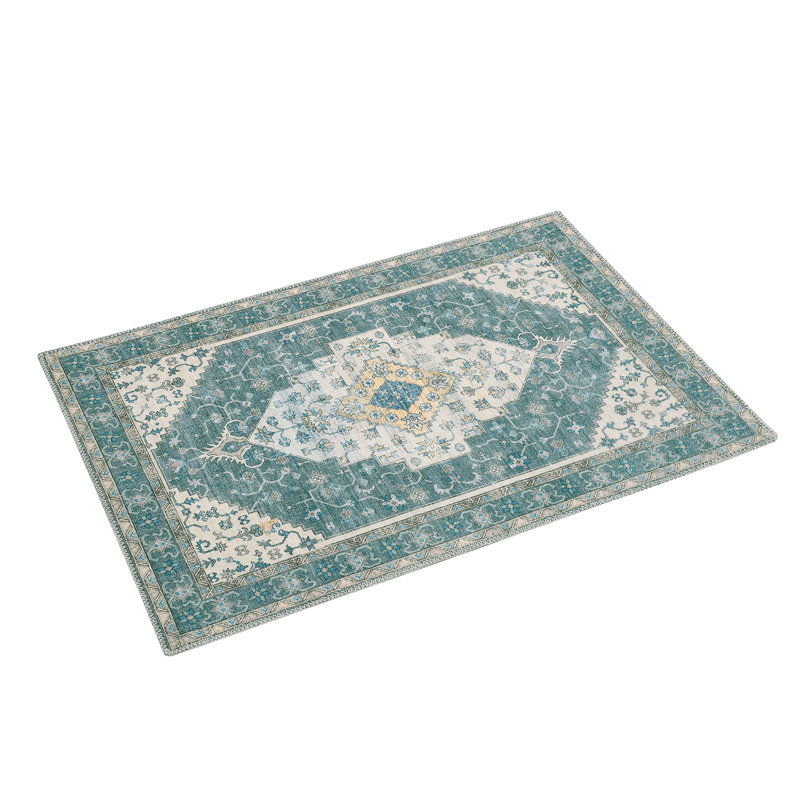 2'x3' Vintage Medallion Washable Rug, Non-Slip Low Pile Foldable Floor Mat for Entryway, Grey-Green, Rectangle 2' x 3'