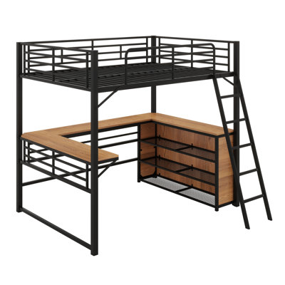 Metal Loft Bed With 3 Layers Of Shelves And L-Shaped Desk