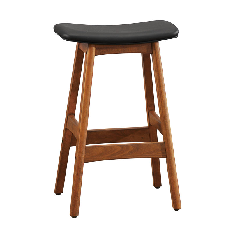 Mid-Century Modern Faux Leather Solid Wood Counter Height Stools (Set of 2), Black
