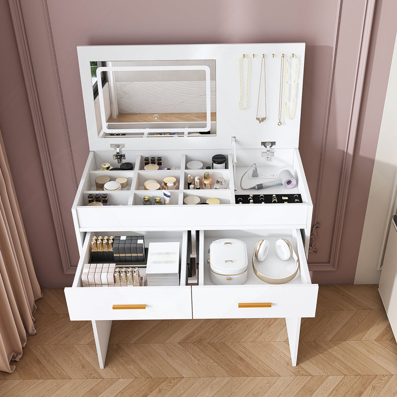 Flip Top Vanity Desk With LED Lighted Mirror & Built-In Outlet - Makeup Vanity Table With 2 Drawers, Open Storage, Hooks For Jewelry (No Stool Included, White)