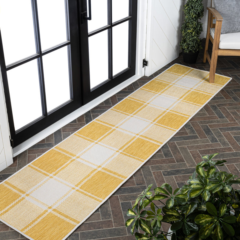 Tapis intérieur / extérieur jaune / crème Sabine, Tapis de couloir 2 pi x 7 pi 10 po
