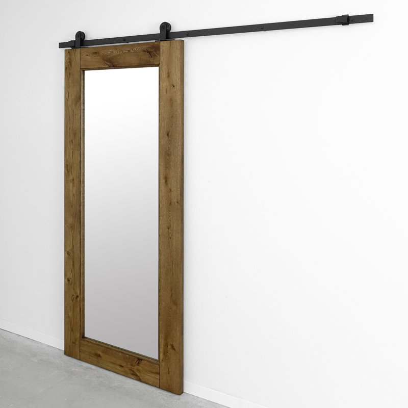 Wyalusing Oak Wood Sliding Barn Door Mirror, 90cm W x 210cm H, Brown Oil
