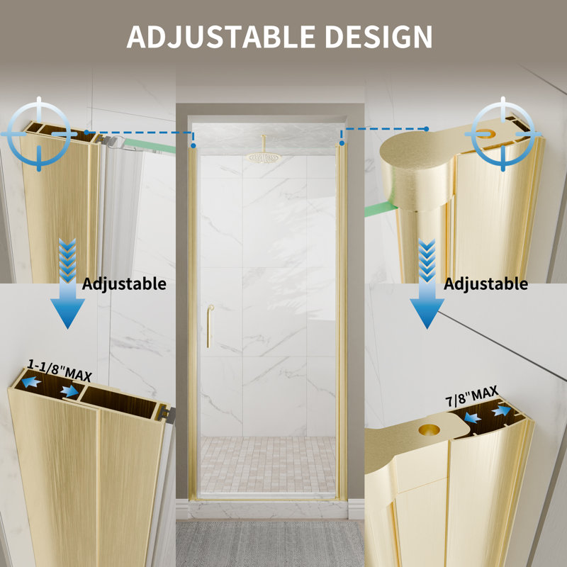 Pivot Frameless Glass Shower Door, Brushed Gold, 32"W x 72"H