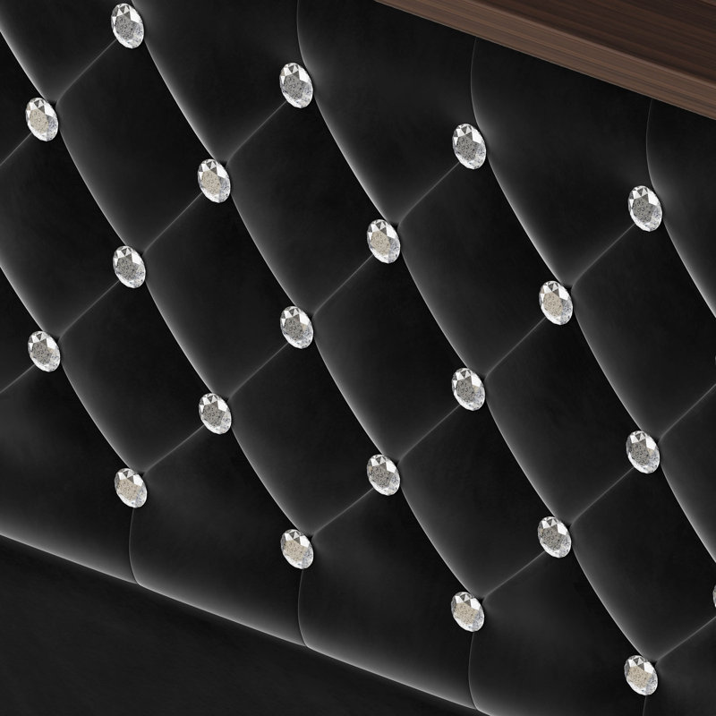 Très grande base de lit en velours capitonné avec ports USB et veilleuse - tête de lit à oreilles de 52 po de hauteur avec décoration de rivet, noir