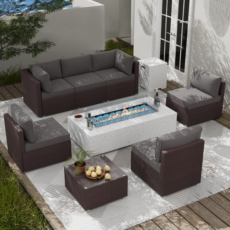 9 Pieces Sofa Sectional Seating Group with Cushions and Fire Pit Table, Gray/Burgundy