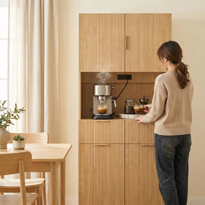 Fluted Kitchen Pantry Cabinet with Power Outlet, Microwave Shelf & Drawers, Coffee Bar Storage Cabinet for Kitchen Organization