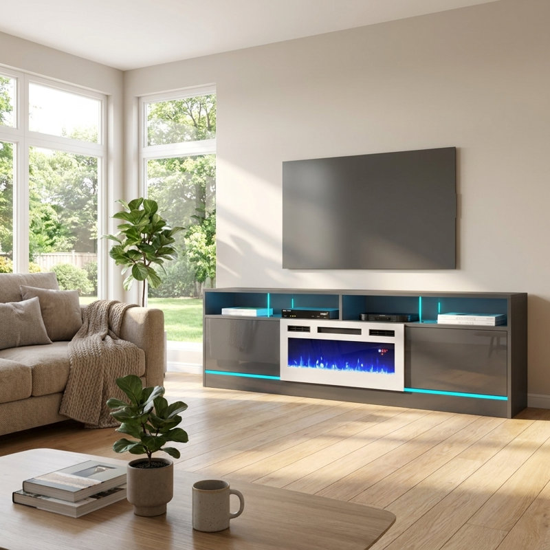 Alexin 78.7" Modern TV Stand with Electric Fireplace, High Gloss Finish, Media Storage, Gray/White