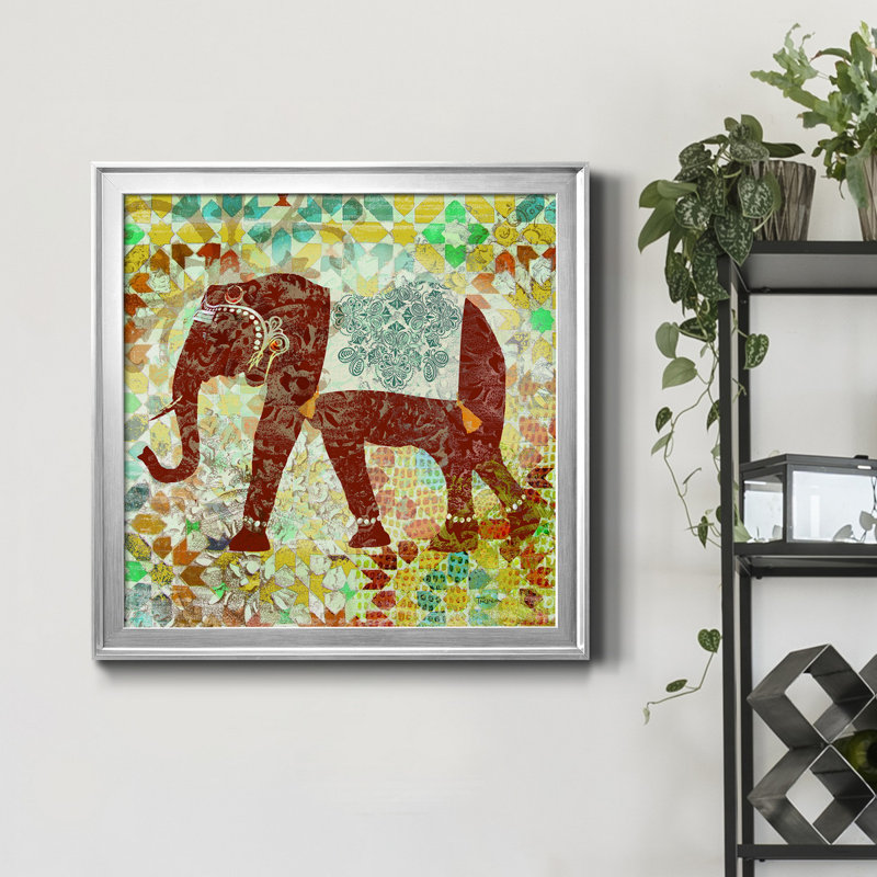 Bali Elephant - peinture sur toile encadrée, Encadrement argenté, H 34,5 po x l 34,5 po x P 1,5 po