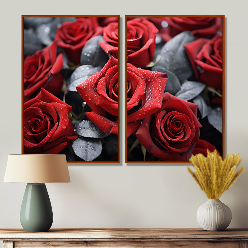 Ensemble de 2 impressions sur toile Red Gray Rose, H 36 po x l 48 po, Impression encadrée flottante sans passe-partout, Brun