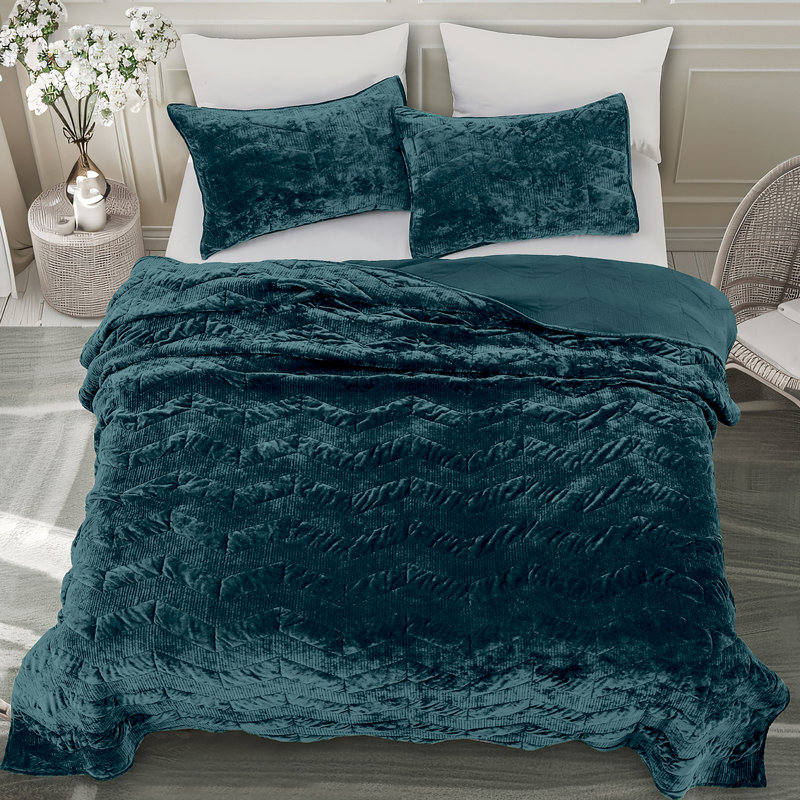 Wonderful Velvet Quilt Set 3-Piece Bedding Set For All Season, Queen Quilt + 2 Standard Shams, Lake Blue