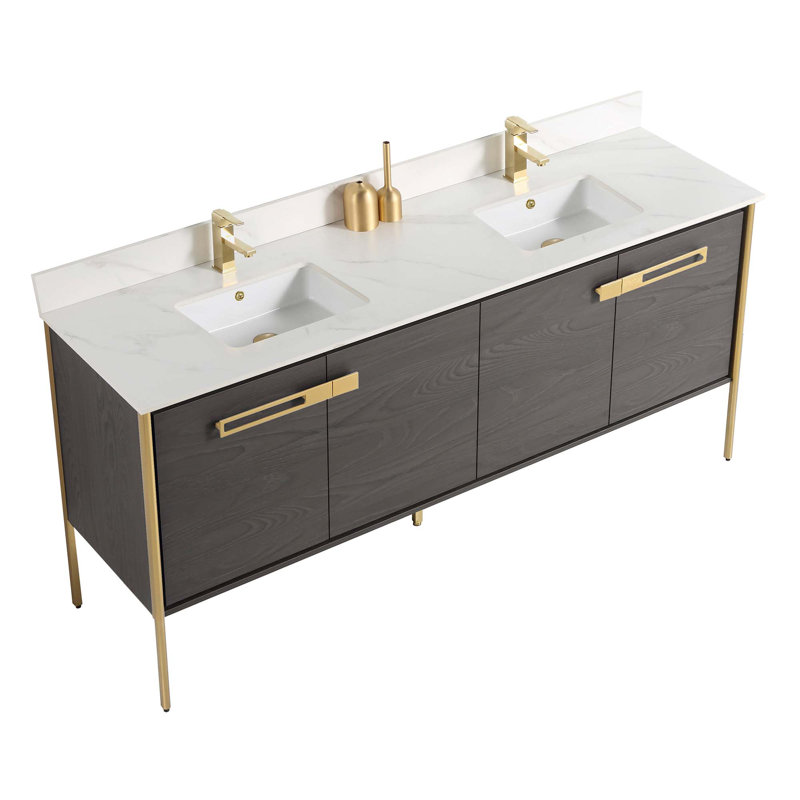 Meuble-lavabo double 72 po, Chêne noir, Laiton satiné