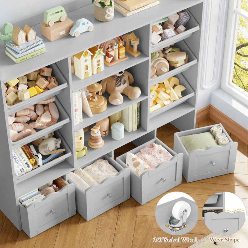 🧸 4-Tier Kids Bookcase with Drawers and Bins, All-in-One Toy Storage Organizer for Playroom, Gray