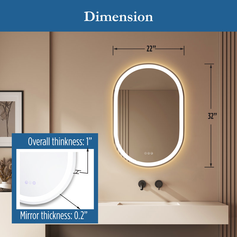 Miroir de meuble-lavabo à DEL à intensité variable sans cadre 22 po x 32 po Lancer, Oval