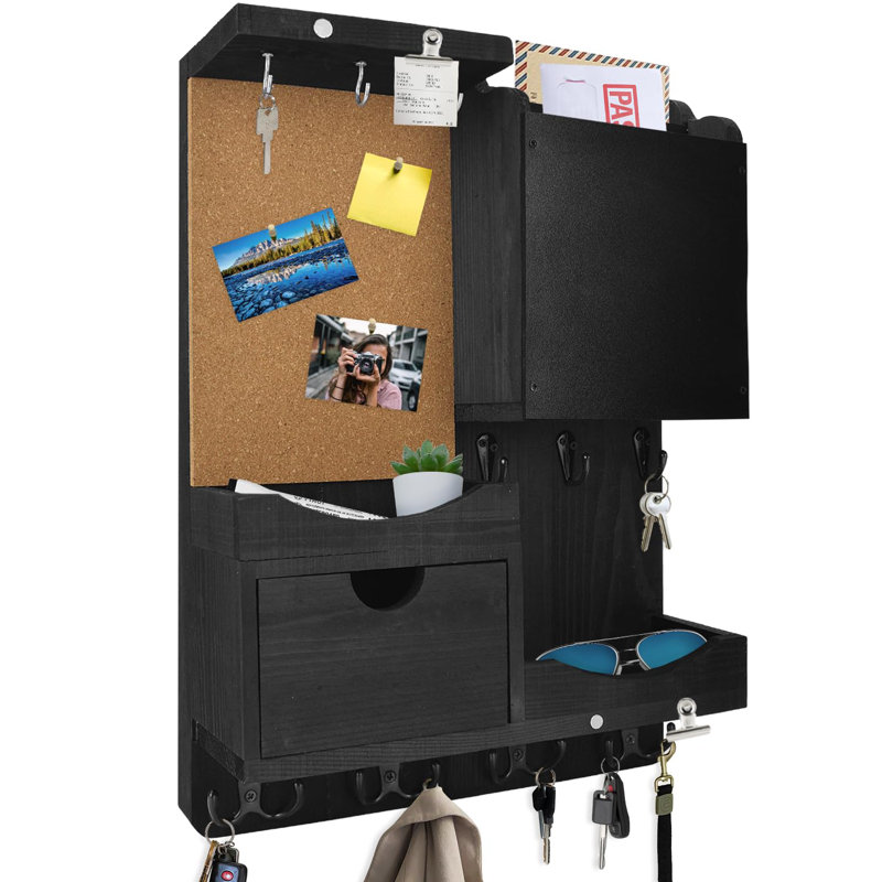 Black Pine Wood Wall Mounted Key and Mail Organizer with Chalkboard and Corkboard