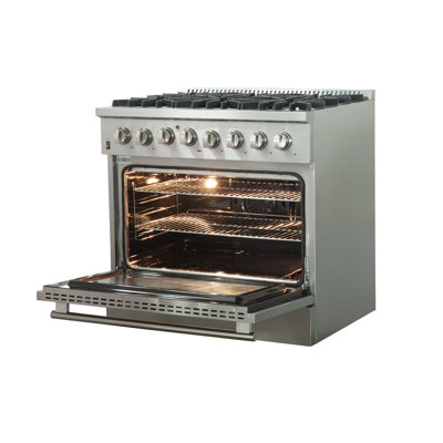 Cuisinière à double combustible en acier inoxydable de 36 pouces Galiano, 6 brûleurs, 5,36 pieds cubes Four à convection véritable