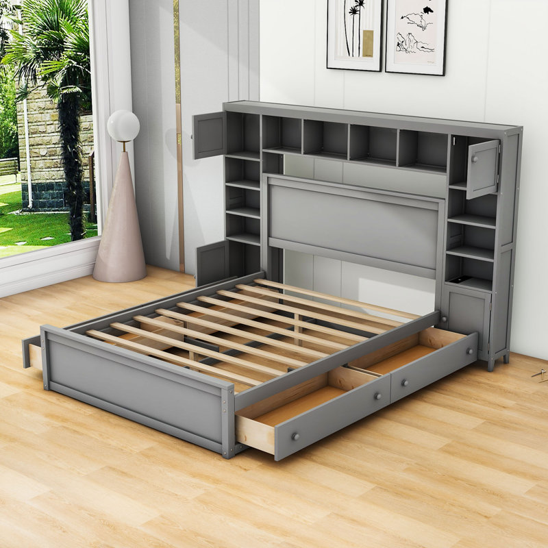 Grand lit plateforme en bois avec 4 tiroirs et armoires, gris
