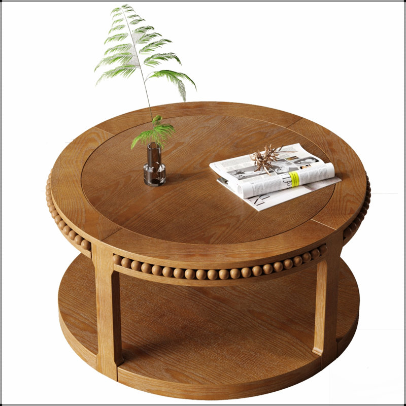 Table basse et canapé de 31,5 pouces en bois massif rond - plateau épaissi à deux niveaux, pieds robustes, table circulaire pour le salon