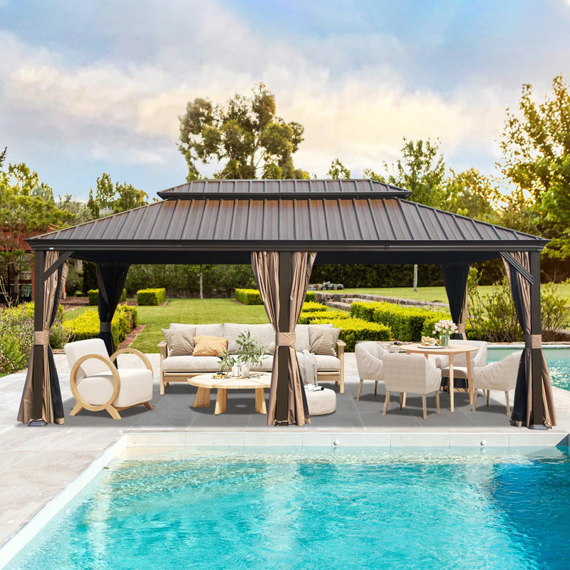 14' X 22' Hardtop Gazebo, Upgraded Metal Gazebo With Drainage System, Dual-Layer Galvanized Steel Roof, Curtain And Netting, Outdoor Shelter Canopy For Patio, Garden, And Backyard, Brown