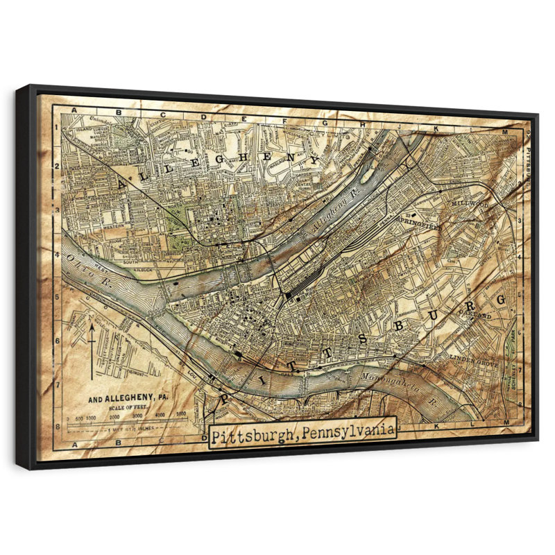 Carte rétro de la ville de Pittsburgh, Cadre flottant noir, 40 po x 27 po