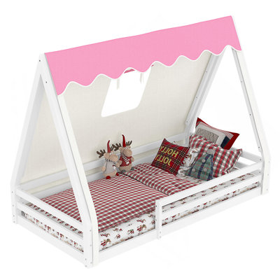Twin Size Solid Wood Teepee Floor Bed With Tent, Light, And Full-Length Guardrails For Safe And Creative Play