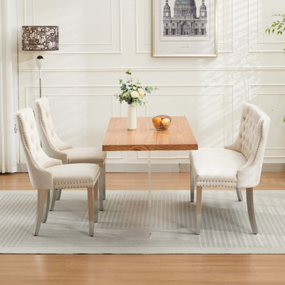 Banc en velours pour causeuse double pour la salle à manger, sièges de cuisine et de salle à manger, banc capitonné à 2 places avec boutons faits à la main, dossier à oreilles, pieds en acier inoxydable argenté brossé, moderne Mid-Century, paquet simple, beige