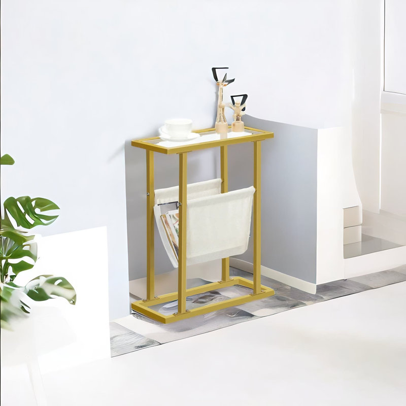 Corozon Gold Glass Side Table with Storage Magazine Rack End Tables Living Room