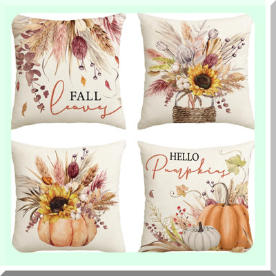 Autumn Harvest Wheat Cotton Pillow Covers - Set of 4, Fall Pumpkin Seasonal Cushion Case for Sofa Couch, Thanksgiving Decor