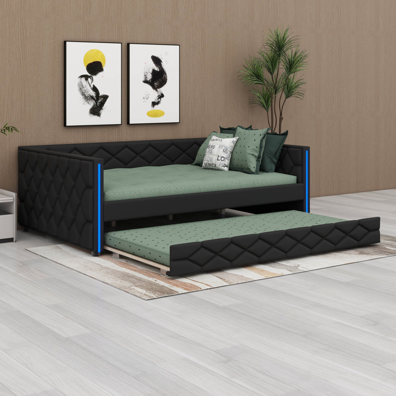 Full XL Size Tufted Daybed, Upholstered Daybed With Trundle & LED Lights, Black
