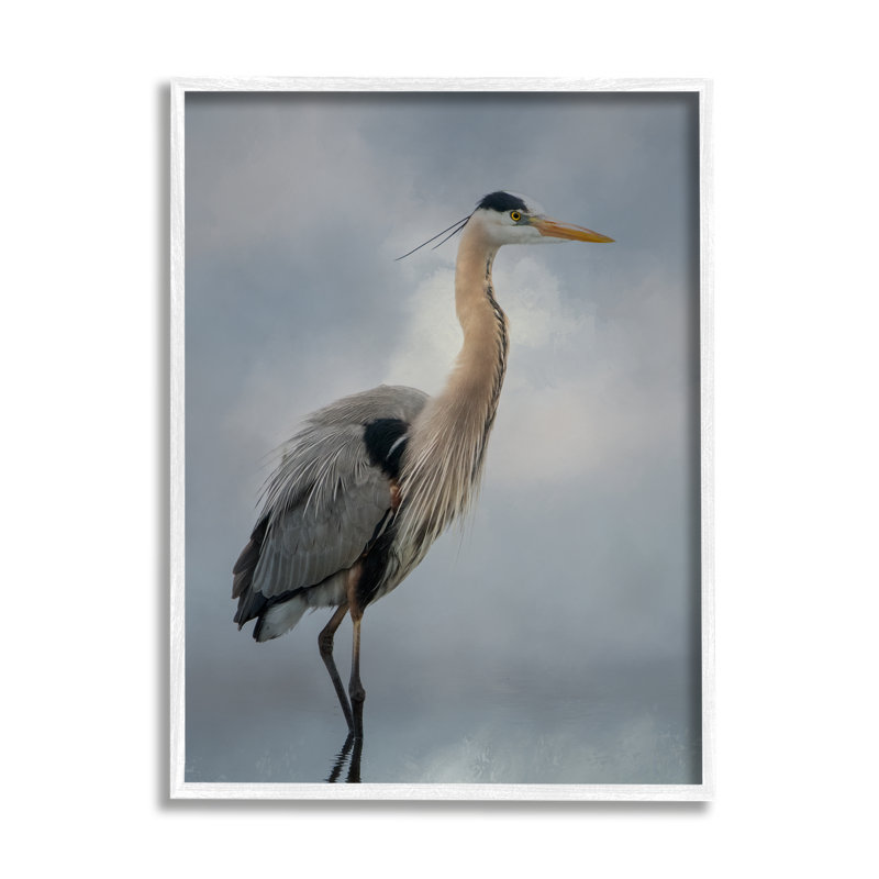 Aigrette perchée, reflet de l'eau - photographie, H 14 po x l 11 po x P 1,5 po, Giclée encadrée blanc bord de mer