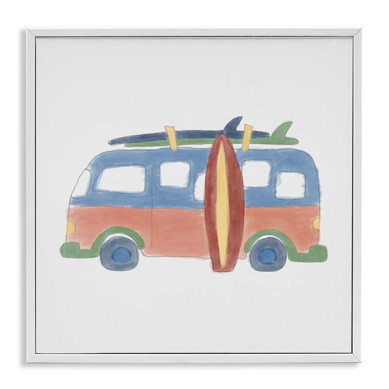 «Summer Beach Bus», art de la giclée encadrée par Carrie Cantwell, Giclée encadrée blanc bord de mer, H 17 po x l 17 po
